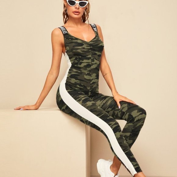 Monarch Fashion Pants - Restocked! Letter Tape Striped Side Camo Jumpsuit
